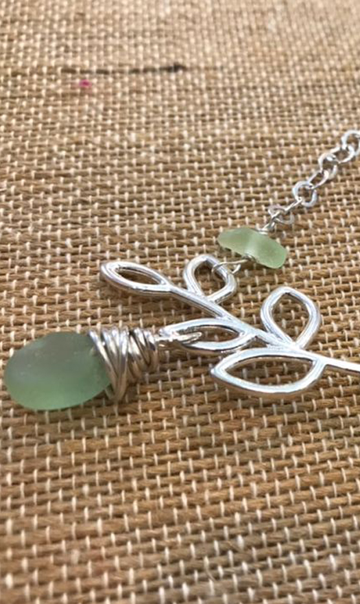 Pastels green beach glass and sterling silver branch Necklace